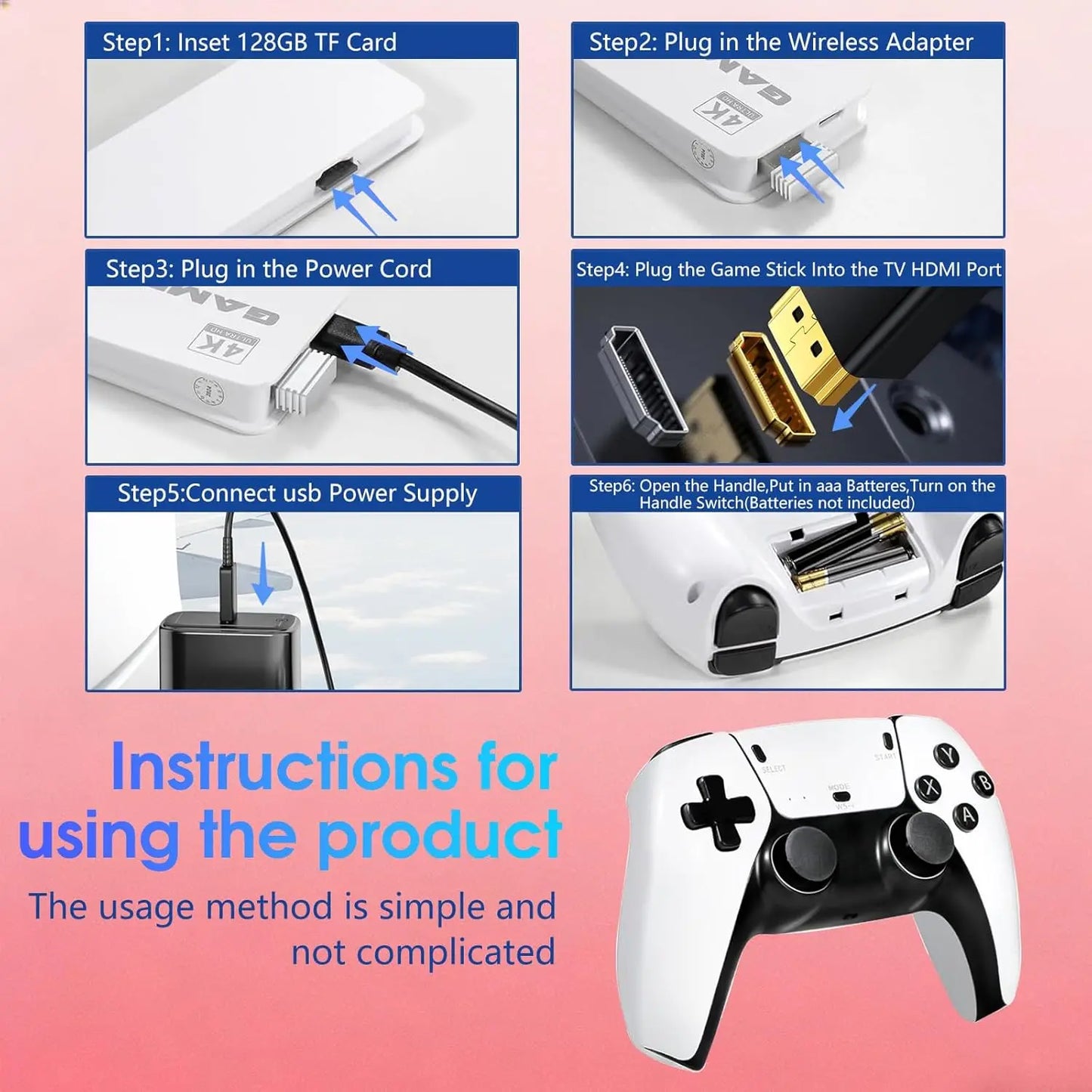 Wireless Retro Game Console, 40000+Games and 23 Emulators, Plug and Play 4K HD HDMI TV Game Stick, with Dual Wireless Controller